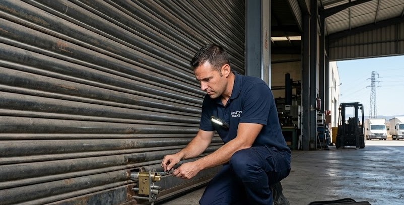 Cerrajero reparando cierre en nave del polígono Asegra